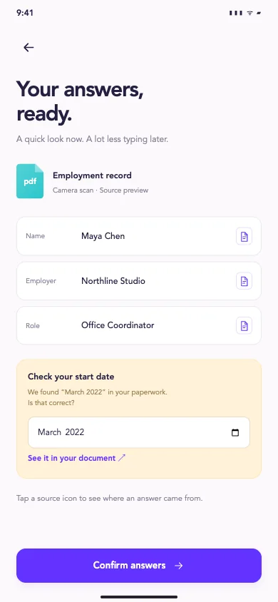 FormBlessed Mobile prototype listing extracted answers, each with a source link